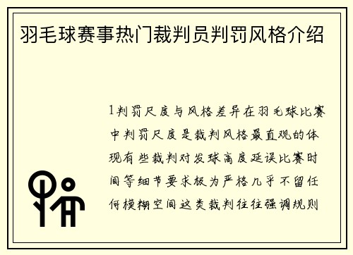 羽毛球赛事热门裁判员判罚风格介绍